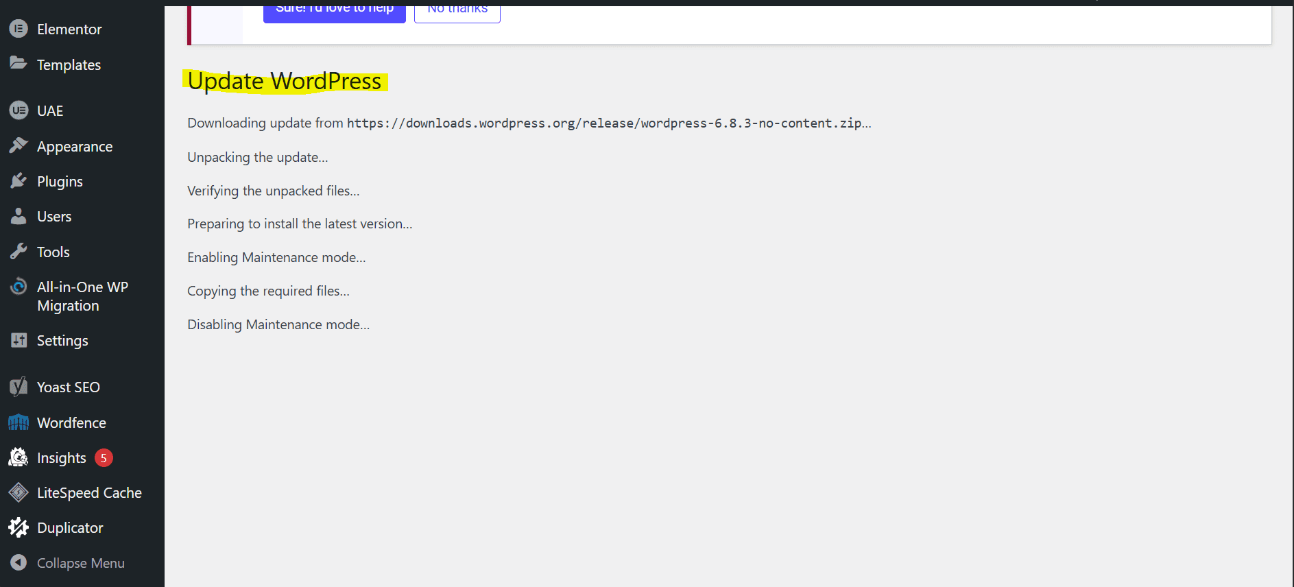 Reinstall WordPress core button